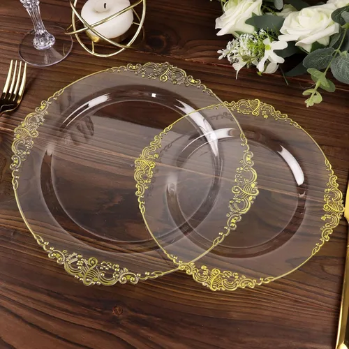Miniatura 14 de Tableclothsfactory Paquete de 10 platos redondos de plástico barroco dorado de 8 pulgadas para ensalada de postre, vajilla desechable con borde
