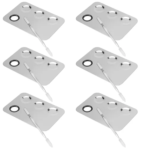 SEUNMUK Paquete de 6 paletas de cosméticos de acero inoxidable de 6 x 4 pulgadas con espátula, paleta de maquillaje de 3 pocillos, bandeja de metal