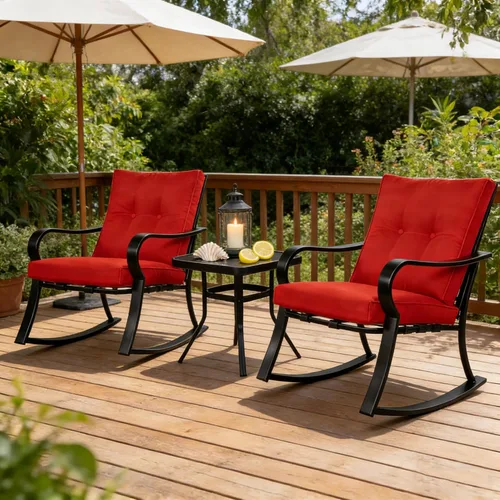 Miniatura 4 de SUNCROWN Juego de 3 sillas mecedoras para exteriores, muebles de acero negro con cojín grueso y mesa de centro de cristal, color rojo