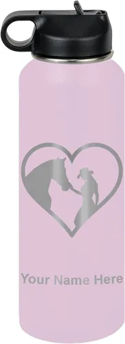 Miniatura 73 de LaserGram Botella de agua personalizada, corazón de vaquera de caballo, acero inoxidable de doble pared aislada al vacío con popote superior, regalo