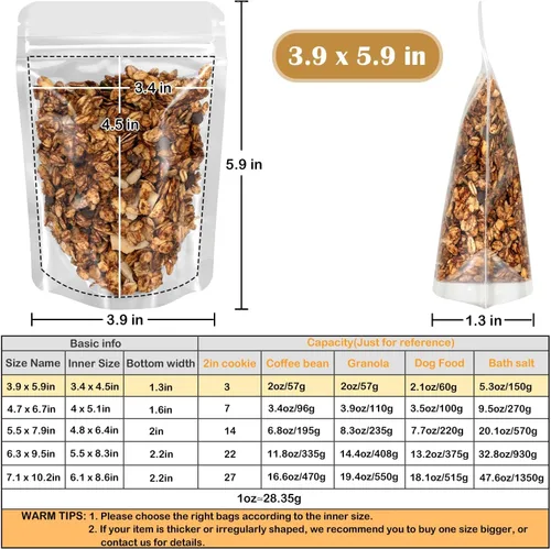 Miniatura 4 de Blisstime Paquete de 50 bolsas de pie, bolsas autoadhesivas transparentes resellables con muesca de desgarro para embalaje de alimentos