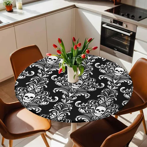 Miniatura 25 de Mantel redondo ajustado con diseño floral de mandala aguamarina, estilo étnico bohemio con borde elástico, impermeable, mantel circular de flores