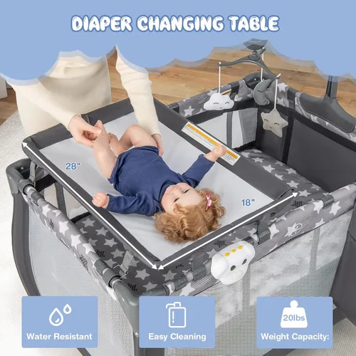 Miniatura 3 de HONEY JOY Pack and Play, corral portátil 3 en 1 para bebé con moisés, mesa de cambio, ruedas con bloqueo, caja de música, cuna de viaje plegable