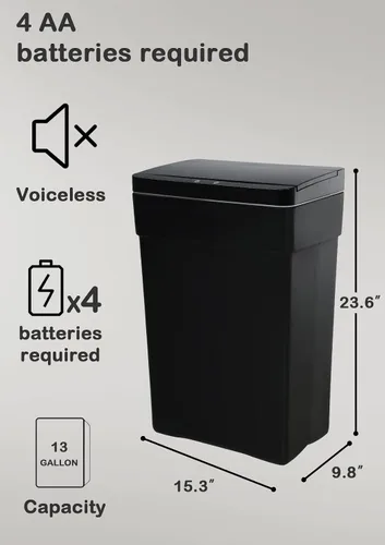 Miniatura 6 de Bote de basura de plástico negro de 13 galones con tapa, 50 litros, sensor sin contacto, tecnología de detección automática, fácil de limpiar
