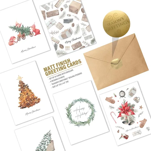 Miniatura 5 de easykart labels Surtido de 24 tarjetas de Navidad con sobres y calcomanías de sellado, 6 diseños de temática bohemia navideña, 5.75 x 4.25 pulgadas