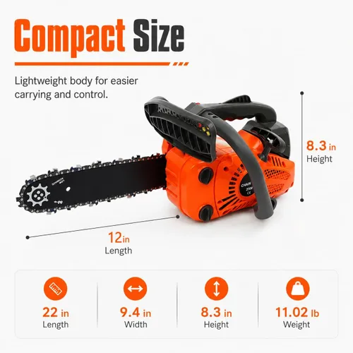 Miniatura 7 de Motosierra de gas de 12 pulgadas con mango superior de 25.4 cc, 2 tiempos, motosierra inalámbrica de mano de gasolina, sierras de cadena portátiles