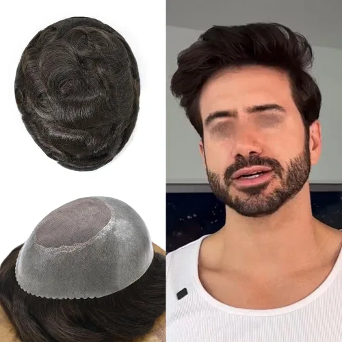 Miniatura 8 de Sistema de cabello humano tipo tupé para hombre, mono tupé para hombres, postizos de repuesto para cabello masculino, protesis capilar para hombre
