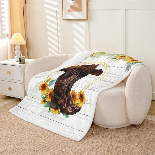 Miniatura 3 de Manfei Manta con sombrero de botas de vaquero, manta de cama de girasol amarillo para decoración de habitación de niños y niñas, manta de tablones