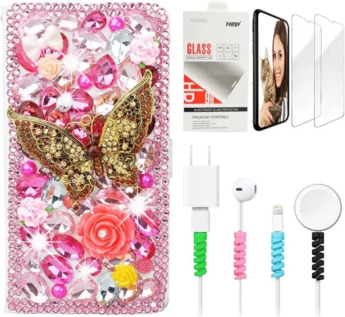Miniatura 11 de Bling - Funda de piel con tapa para iPod Touch 5ª, 6ª y 7ª - Elegante - Diseño de flores en 3D - Funda de piel con protector de pantalla y protector
