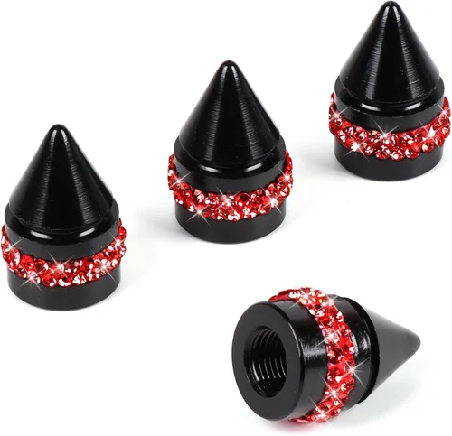 ToBeQueen Bling - Tapones de válvula de neumático rojos, 4 unidades, hechos a mano, con cristales de diamantes de imitación, universales, a prueba