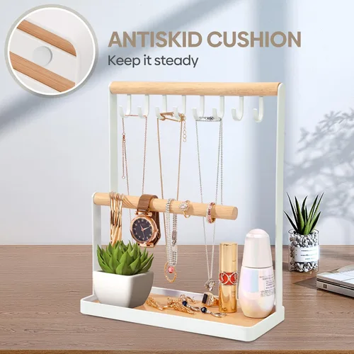 Miniatura 7 de Portin Organizador de joyas con bandeja de anillos de madera y ganchos almacenamiento de collares pulseras anillos relojes organizador de escritorio