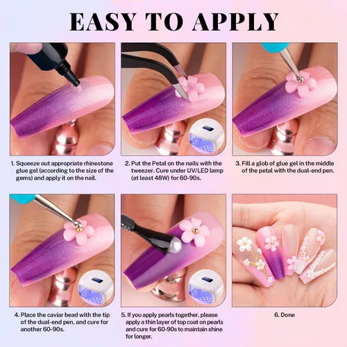 Miniatura 6 de Dijes para uñas 3D, kit de manicura con gel de pegamento de diamantes de imitación para uñas (curado UV), mariposa blanca rosa flor gemas AB 03-2