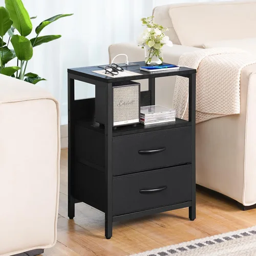 Miniatura 2 de Yoobure - Mesita de noche con estación de carga, pequeña mesita de noche con cajones de tela y estante de almacenamiento para dormitorios, mesitas