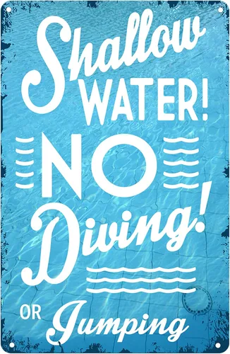 Letrero de metal de advertencia de piscina, decoración vintage para piscina, agua poco profunda, no bucear o saltar, póster de lata para decoración