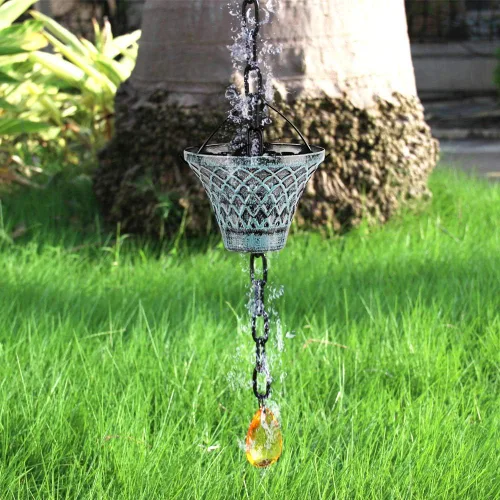 Miniatura 4 de Cadenas de lluvia para canaletas exteriores, atrapadores de lluvia, desviador de metal azul a cuadros decorativos para exteriores, 8.5 pies