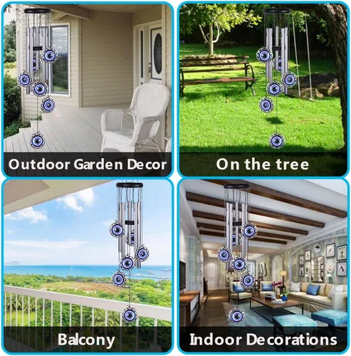 Miniatura 6 de Campanillas de viento con amuleto de ojo malvado azul para colgar al aire libre, atrapavientos con bendición de ojo malvado móvil, campanas