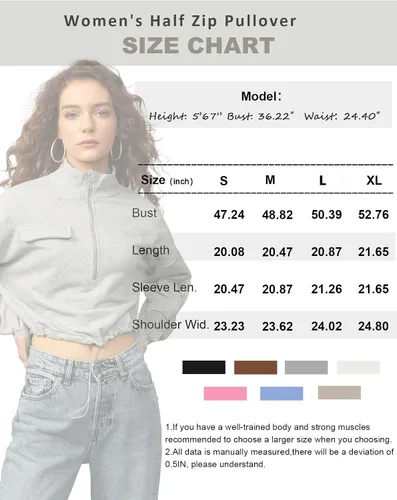 Miniatura 6 de SILKWORLD Sudadera corta con cremallera de un cuarto para mujer, manga larga, cuello alto, cordón ajustable, con bolsillos