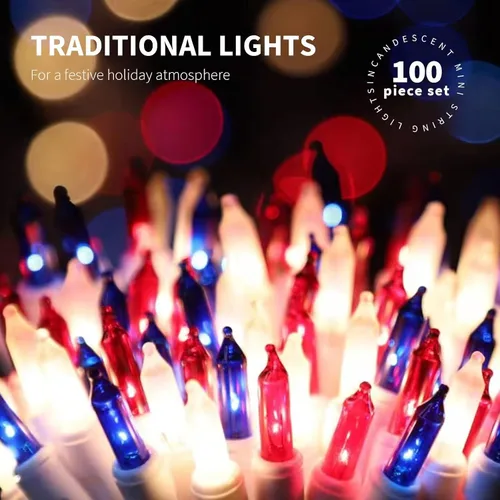 Miniatura 4 de 100 luces rojas, blancas y azules, extrabrillantes con conectores finales, decoración del 4 de julio, mini tira de luces patrióticas de 19.6 ft