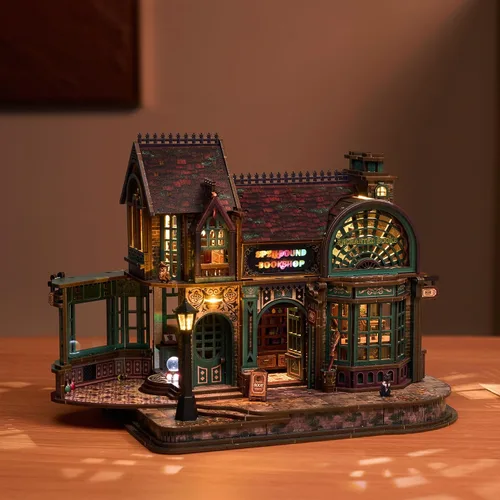Miniatura 7 de FUNPOLA Rompecabezas de madera 3D con luces LED, kit en miniatura de bricolaje, librería hechizada, exhibición de decoración del hogar, regalo