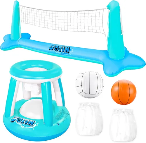 JOYIN Juego de flotador inflable para piscina, red de voleibol y aros de baloncesto, juguete flotante de natación para niños y adultos, flotadores