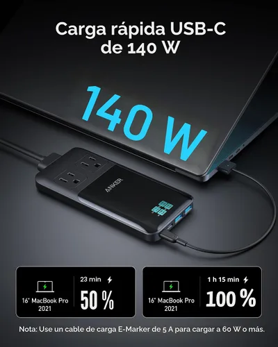 Miniatura 3 de Anker Prime - Estación de carga USB C 6 en 1, regleta de alimentación compacta de 140 W para trabajo y viajes, cable de extensión desmontable de 5