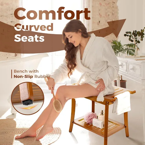 Miniatura 2 de Utoplike Banco de ducha de bambú con almacenamiento, taburete de ducha de madera con asas, asiento de baño para toallas, spa, ducha