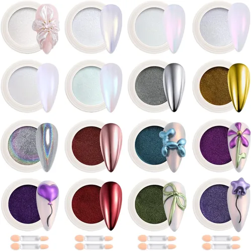Fcozpjk Juego de polvos cromados para uñas, 16 colores, efecto metálico para uñas, dorado, plateado, rosa, azul, violeta, verde, rojo, polvo cromo,