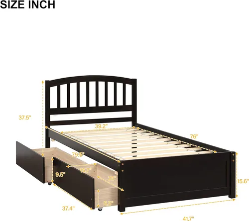 Miniatura 3 de Harper & Bright Designs Cama de plataforma de madera con cajones, marco de cama de tamaño individual con cabecero, cama de almacenamiento