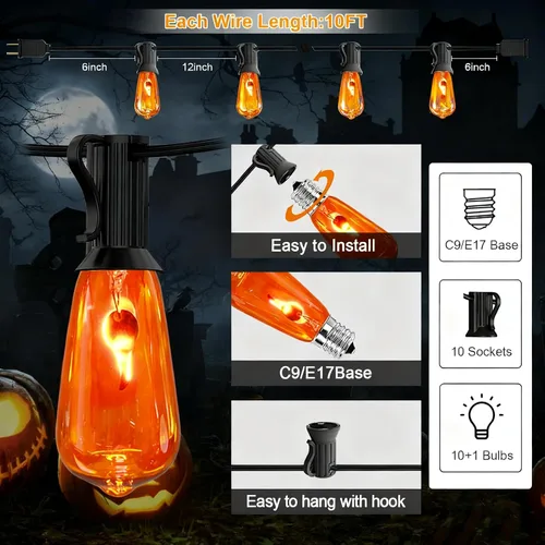 Miniatura 2 de Oviejo Guirnalda de luces de Halloween de 10 pies con 10 bombillas parpadeantes, lámpara de Halloween con certificación UL IP44 impermeable para uso