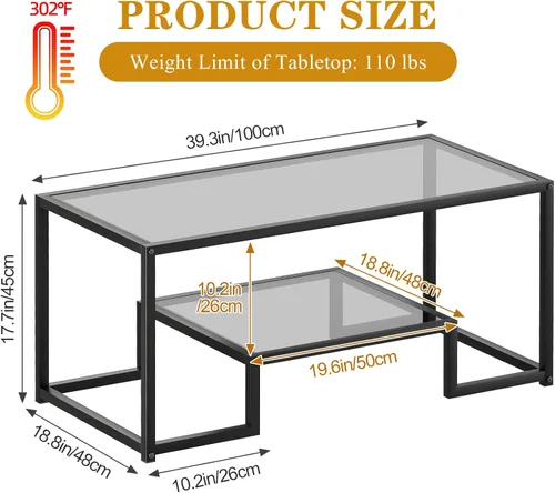 Miniatura 2 de Wolawu Mesa de Café de Cristal Gris Mesa de Café para Sala de Estar, Mesa Central Rectangular de 2 Niveles con Marco de Metal Resistente, Mesa