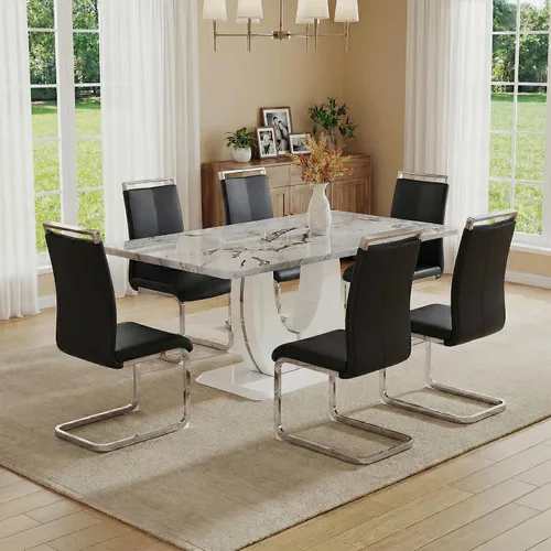 Miniatura 22 de Juego de 6 sillas de mesa de comedor para 6, juego de 6, moderno juego de comedor con mesa de comedor de mármol de 63 pulgadas, sillas tapizadas