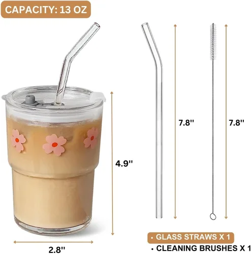 Miniatura 4 de Olvini Vaso de vidrio de 13 onzas con popote y tapa, vaso reutilizable para café helado, bonitas tazas de vidrio para agua, matcha, tazas de café
