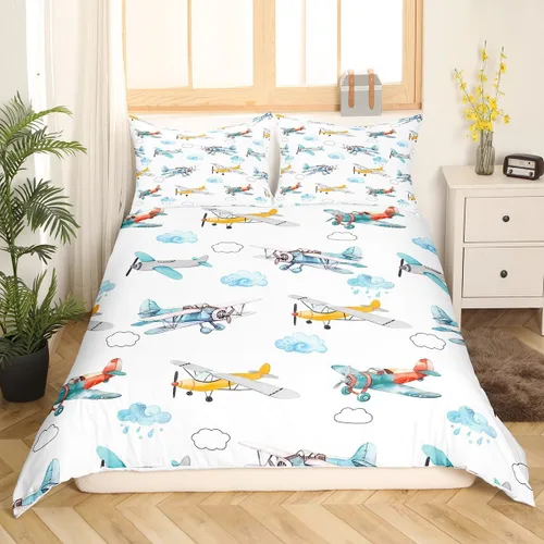 Miniatura 14 de Erosebridal Funda de edredón de avión tamaño individual, juego de ropa de cama de aviones de dibujos animados para adolescentes, color verde azulado