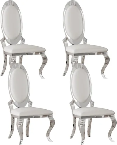 Miniatura 50 de Juego de 2 sillas con 2 sillas de comedor de piel sintética blanca, silla de cocina moderna con respaldo ovalado y patas de acero inoxidable