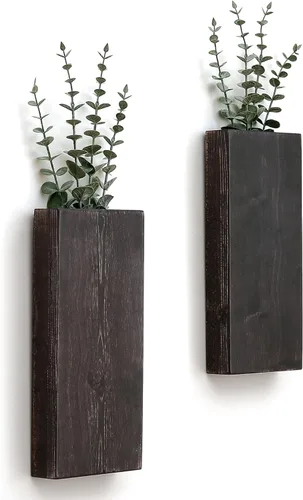 Juego de maceteros de pared de madera de 2 piezas, bolsillo de pared de madera para vegetación y flores secas, jarrón colgante de madera para