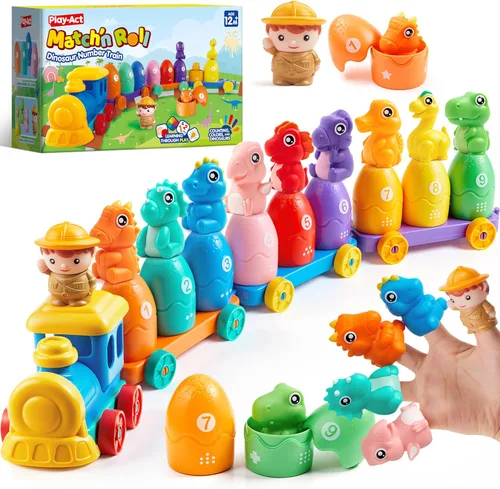 Juguetes de aprendizaje para niños pequeños de 1, 2, 3 años, juego de conteo, clasificación y emparejamiento Montessori con tren de dinosaurios que