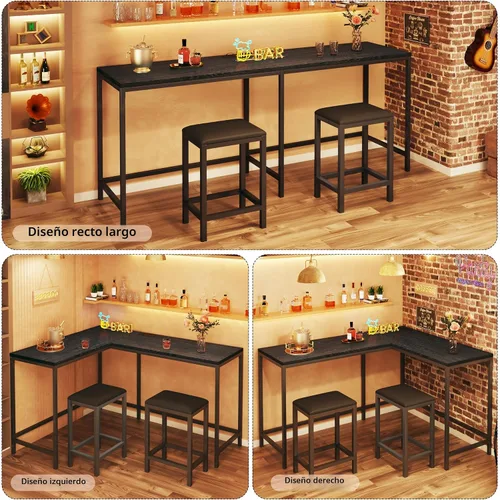 Miniatura 3 de HUAHUU Juego de mesa de bar y sillas para 2-4, mesa de cocina convertible en forma de L de 63 pulgadas con tomas de corriente, mesa de comedor