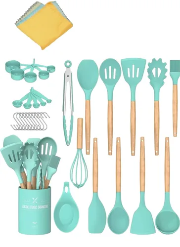 33 piezas." Juego de utensilios de cocina para cocinar. Viene con 5 paños de limpieza de cocina, juego de utensilios con soporte, espátula, así