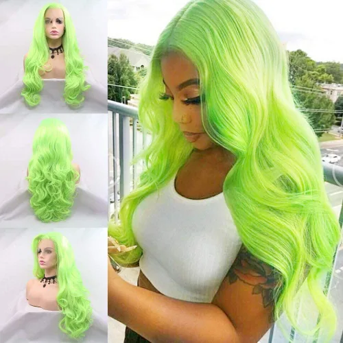 Peluca de encaje frontal de color verde neón, rizada, color verde fluorescente, pelucas de encaje frontal sintéticas para mujeres, ondas corporales