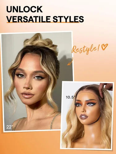 Miniatura 4 de GORGIUS Peluca lacia sin pegamento Ombre rubia ondulada HD con encaje frontal transparente, lista para usar, prediseñado, elaborado con tecnología