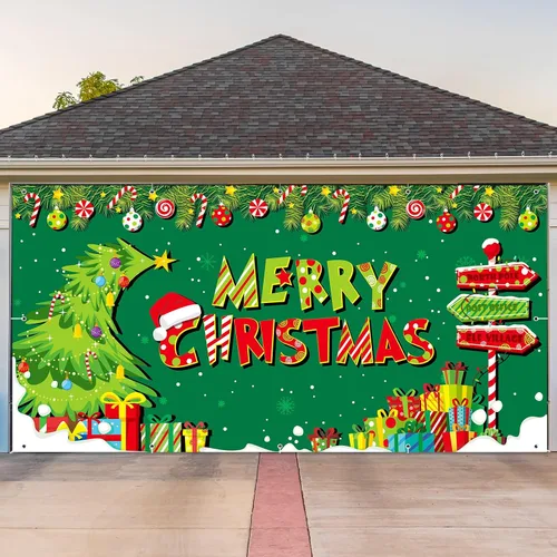 Miniatura 8 de Ganeen Cubierta de Banner para Puerta de Garaje de Navidad de 6 x 13 pies Polo Norte Árbol de Navidad Nevado Fondo de Fotografía Bosque de Invierno