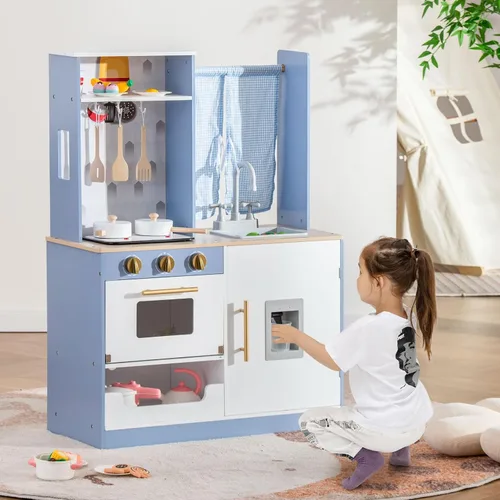 Miniatura 8 de INFANS Juego de cocina para niños, juego de cocina de madera con estufa, fregadero, microondas, armario de almacenamiento, juego de juguetes