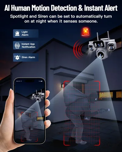 Miniatura 4 de Cámara inalámbrica para exteriores, 4 vistas de lente en una pantalla, imagen HD 2K de 8 MP (4 x 2 MP), monitoreo PTZ de 360°, detección humana AI