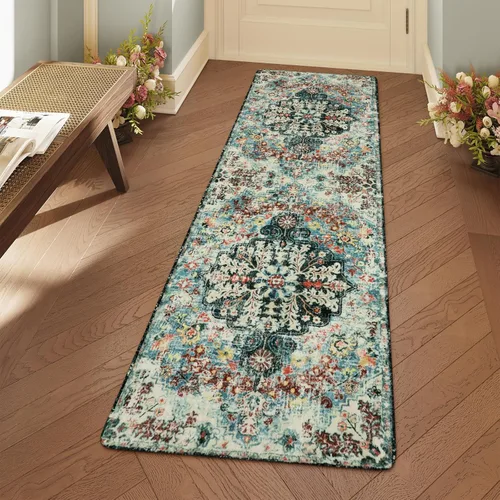 Miniatura 69 de Lahome Alfombra bohemia con medallón floral, 4 x 6 pies, color verde azulado, suave, lavable, antideslizante, apta para mascotas, alfombra