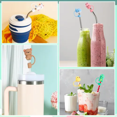 Miniatura 5 de 8 piezas de cubiertas de pajita con forma de animales, tapa de silicona para popote para vaso Stanley de 30 y 40 oz, lindas tapas de pajita