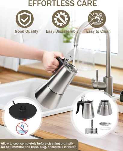 Miniatura 7 de Olla eléctrica Moka con base desmontable, cafetera de aluminio de 10 onzas, 6 tazas, 10.1 fl oz, cafetera italiana negra para cocina y hogar, 110 V