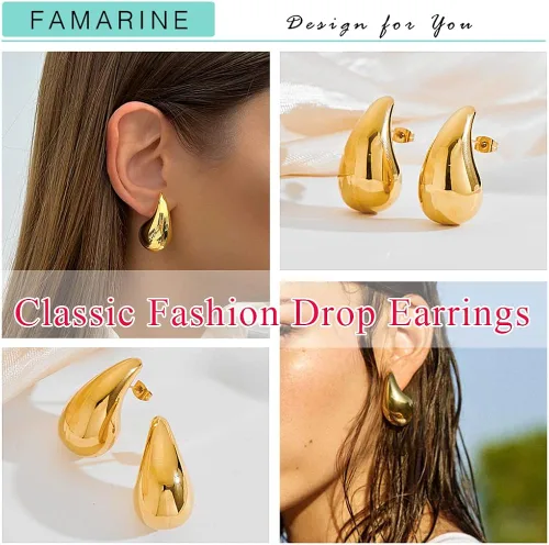 Miniatura 3 de FAMARINE Aretes de oro con forma de gota de agua para mujer, aretes grandes de oro con forma de lágrima