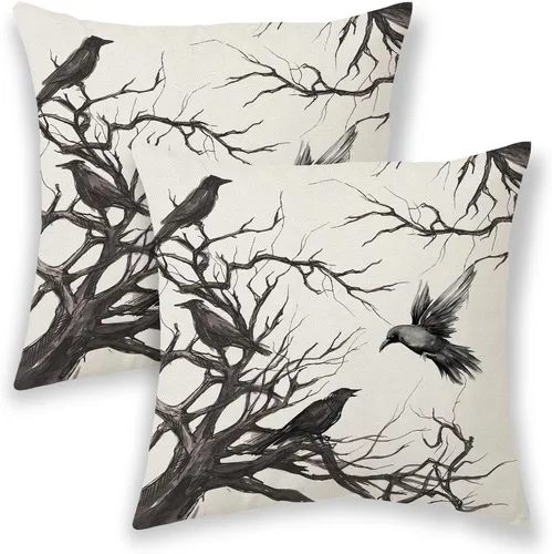 Miniatura 27 de Fundas de almohada de Halloween de 18 x 18 pulgadas, 2 piezas, fundas de almohada decorativas de cuervos en árbol negro para sofá, funda de cojín