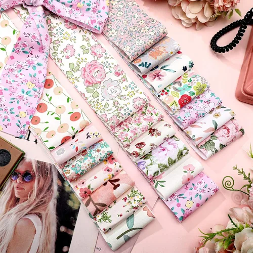 Miniatura 4 de Ganeen 100 piezas de rollo de tela para acolchado floral rosa y morado, cuadrados de tela de 2.56 pulgadas, tiras de tela de jalea precortadas