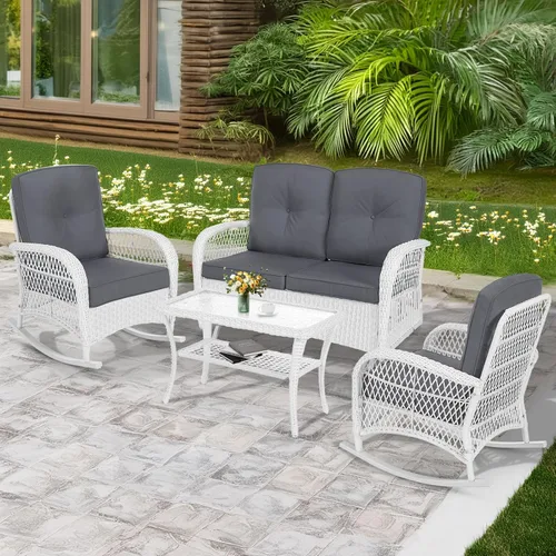 Miniatura 48 de MEETWARM Juego de 3 piezas de mimbre giratorio para patio al aire libre, mecedoras, juegos de muebles de patio de ratán con cojín grueso y mesa